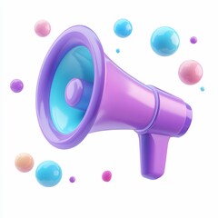 Poster - Purple megaphone with colorful spheres, announcing news or promotions.