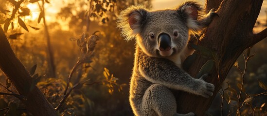 Poster - Koala bear sitting on a tree at sunset.