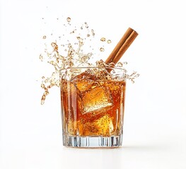 Poster - Iced cinnamon drink splashing in a rocks glass with ice cubes.