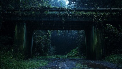 Poster - Overgrown bridge in a lush rainforest during a heavy downpour.