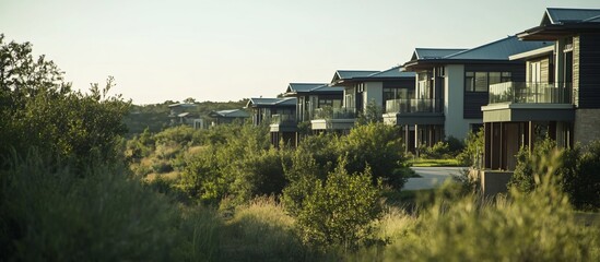 Poster - Modern homes nestled amongst lush greenery, bathed in warm sunlight.