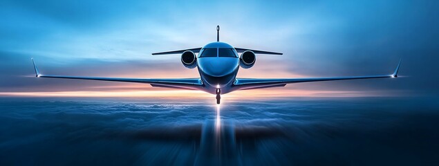 Poster - Private jet approaching landing during sunset.