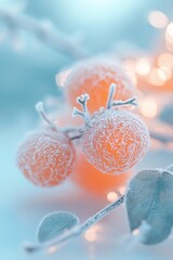 Poster - Close-up of frost-covered oranges on a branch with blurred lights.