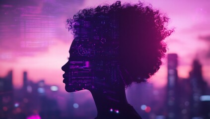 Poster - Silhouette of a woman's head with a futuristic digital overlay against a city skyline at sunset.