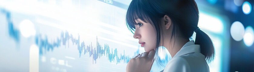 Poster - Woman thoughtfully analyzing data displayed on a large screen.