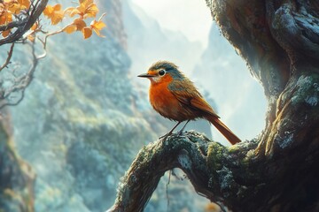 Poster - A small orange bird perched on a mossy branch of an old tree, with a misty mountain backdrop.