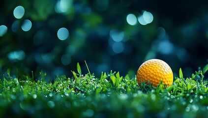 Aufkleber - A single yellow golf ball rests on a lush, dewy green grass, with a blurred, dark green background.
