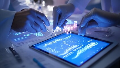 Poster - Scientists collaborate, analyzing data on a tablet in a lab.