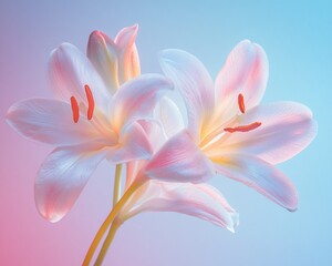 Leinwandbilder - Three delicate pink lilies on a pastel background.