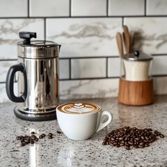 Aufkleber - Latte art in a white cup, coffee beans, French press, and sugar on a kitchen counter.