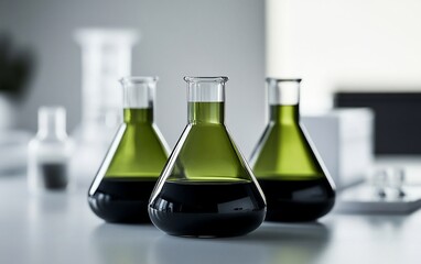 Leinwandbilder - Three Erlenmeyer flasks filled with dark green liquid sit on a lab table.