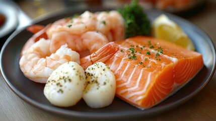 Wall Mural - Seafood Plate with Shrimp Scallops Broccoli