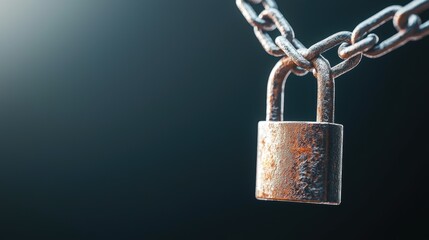 Poster - a close up shot of a silver padlock, its surface slightly rusted, locked onto a heavy, metal chain a
