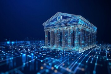 Poster - Digital bank building, futuristic architecture, glowing lines, network, finance.
