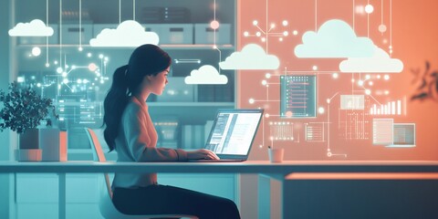 Poster - Woman working on laptop with cloud computing interface.