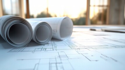 Poster - Close-Up of Architectural Blueprints on a Digital Tablet Workspace