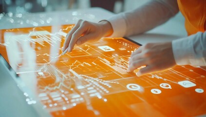 Fototapete - Person using futuristic transparent touchscreen interface with glowing orange data visualizations.
