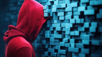 Poster - a hooded figure in a dark room attempting to breach a firewall represented by a glowing barrier, sym