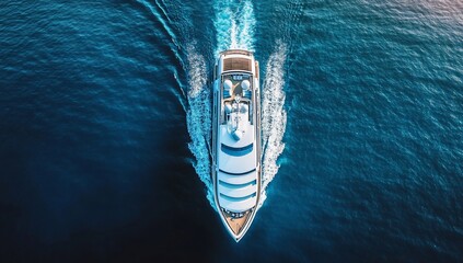 Poster - Aerial view of luxury yacht cruising on deep blue ocean.