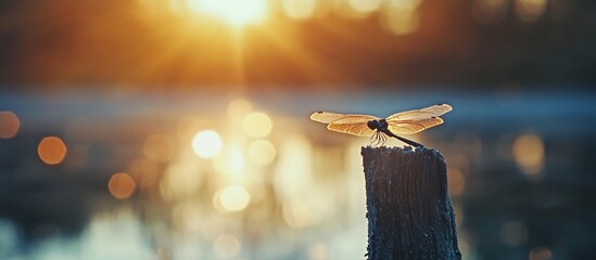 Poster - Dragonfly perched on a wooden post at sunset by a lake.