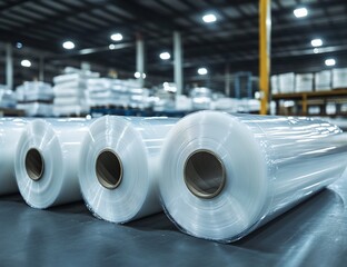 Poster - Three large rolls of clear plastic film in a warehouse.