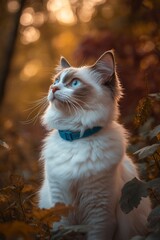 Poster - A fluffy Ragdoll cat with bright blue eyes sits amidst autumn leaves, gazing upward.