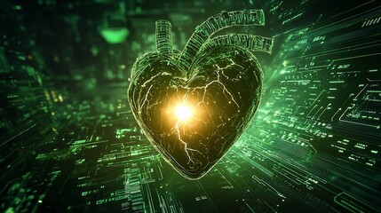 Aufkleber - Glowing digital heart on green circuit board background.