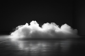 Poster - Low-lying white smoke cloud on dark floor, illuminated.
