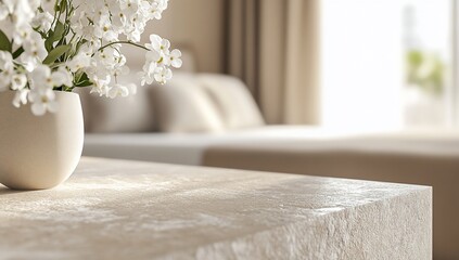 Poster - White flowers in vase on beige table, blurred bedroom background. (2)
