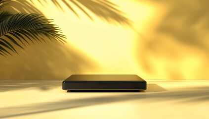 Aufkleber - Minimalist black square podium on yellow background with palm leaf shadows.