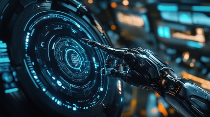 Poster - Futuristic Robotic Arm Interacting with HUD Technology in Sci-Fi Setting