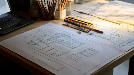 Poster - Professional Architect Office Desk with Design Plans and Tools
