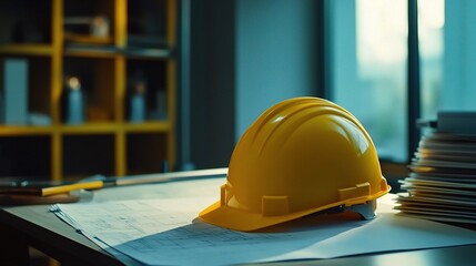 Poster - Yellow Hard Hat on Desk Next to Blueprint in Modern Office Setting