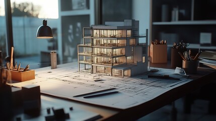 Poster - detailed blueprint of modern office building design on desk