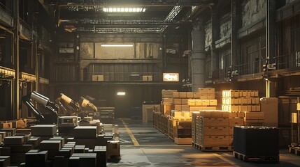 Poster - Industrial Warehouse with Robotic Arms Arranging Goods