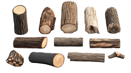 Set of different types and shapes of wood logs isolated on a transparent background. Cutout elements of tree parts.