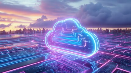 Aufkleber - Cloud Computing: A futuristic depiction of cloud technology, with a glowing blue cloud symbol towering over a cityscape, representing the vast potential of the cloud.  