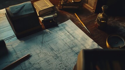 Poster - Detailed Blueprint Layout on a Wooden Desk with Classic Tools