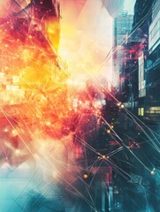 Poster - Creative city background with glowing polygonal connections. Urban technology, smart city and future concept. Double exposure