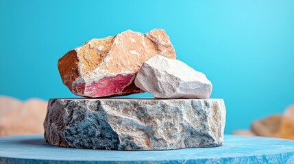 Poster - Colorful stones arranged on a circular platform against a bright blue background, showcasing their natural textures and hues.