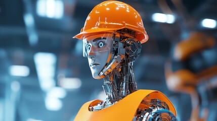 Wall Mural - robotic construction worker in orange hard hat and high-visibility vest on site background