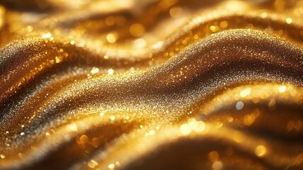 Abstract golden glitter texture with wavy pattern and bokeh lights.