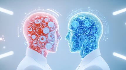 Poster - Cybernetic Minds Converge:  Two AI heads, one red and one blue, face each other, gears and circuits glowing, symbolizing the convergence of artificial intelligence and future technologies.