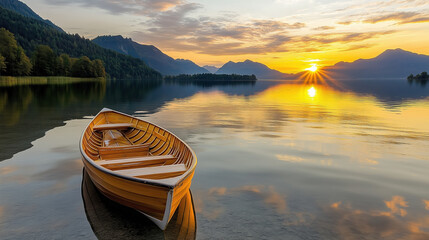 Wall Mural - tranquil sunset over calm lake with single boat reflecting beauty