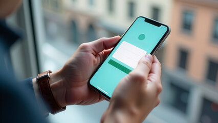 Poster - Businessman filling online form on smartphone app in office building
