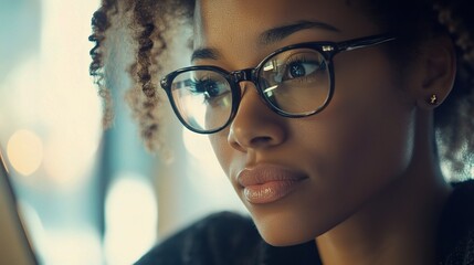 Poster - Woman with Glasses Engaged in Communication on Mobile Device
