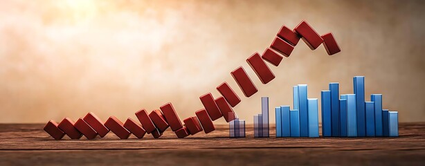 Poster - Economic Slowdown Concerns, Silhouette of Falling Dominoes Merging with Graph Bars