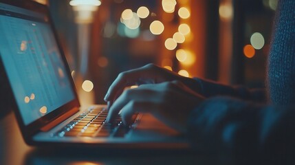Poster - Focused Young Professional Typing on Laptop with Bokeh Background