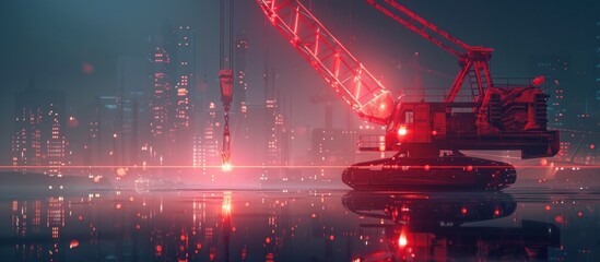 Futuristic and technologically advanced cityscape at night featuring towering skyscrapers cranes and neon illuminated bridges reflecting in the waters below