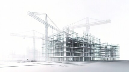 Wall Mural - Digital Wireframe Model of Building Under Construction with Cranes